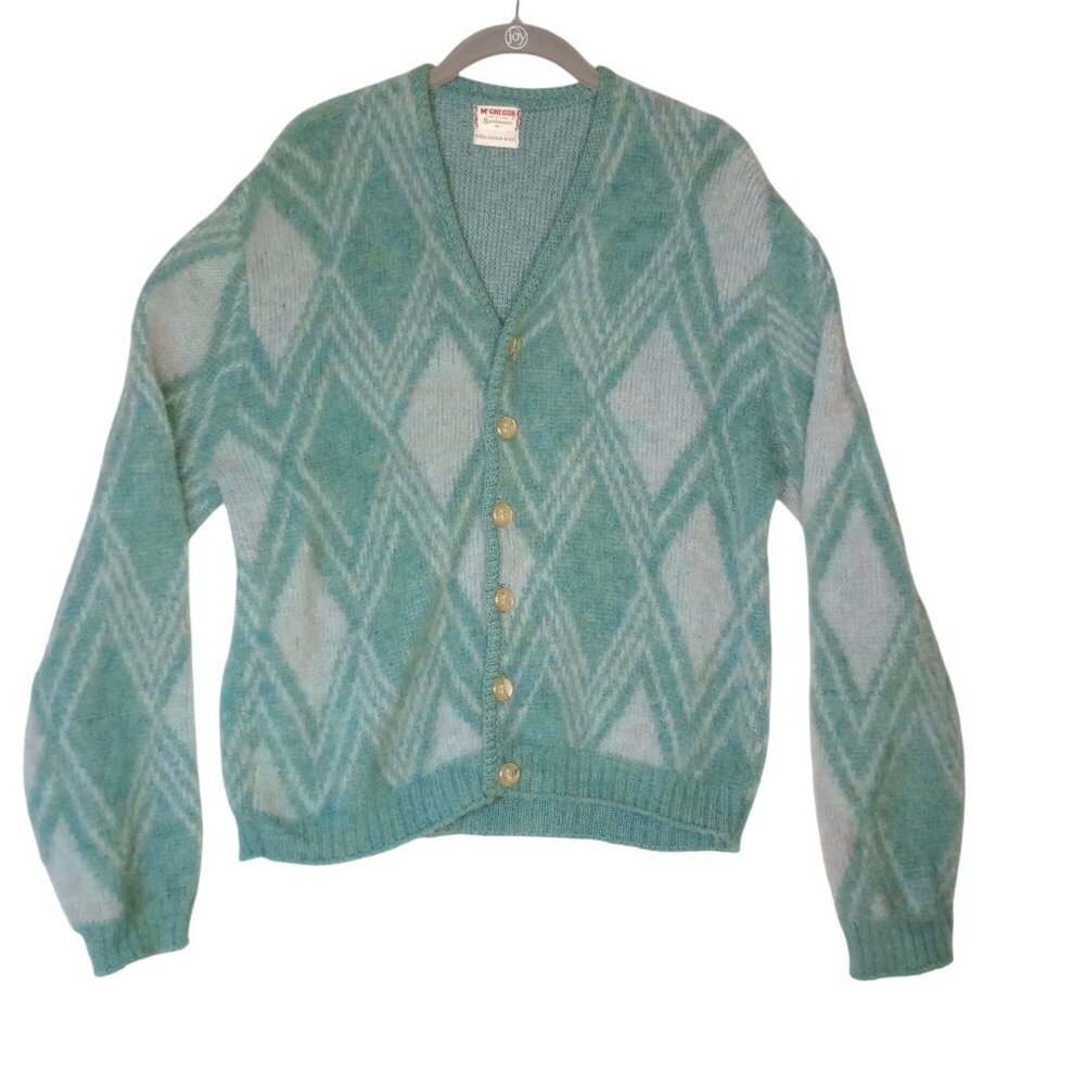 Vintage 60s Mohair Cardigan Sweater Grunge McGregor  M Argyle Distressed Cobain